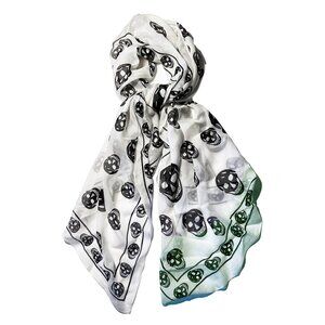 NEW Genuine Pure Silk Chiffon B/W Long Scarf w/Skull Pattern 26” Wide x 59" Long
